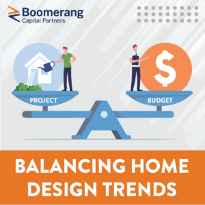 An illustration of a scale - on one side is a designer with a home, and on the other side is a designer with a dollar sign representing a budget.