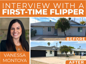 Headshot of Vanessa Montoya, a loan officer of Boomerang Capital, along before and after photos of the exterior of a home she just flipped.
