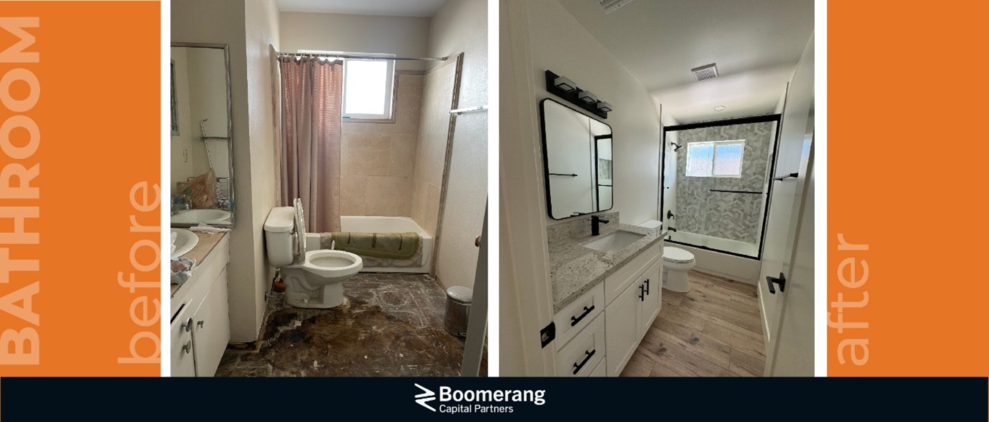 Bathroom before and after photo.